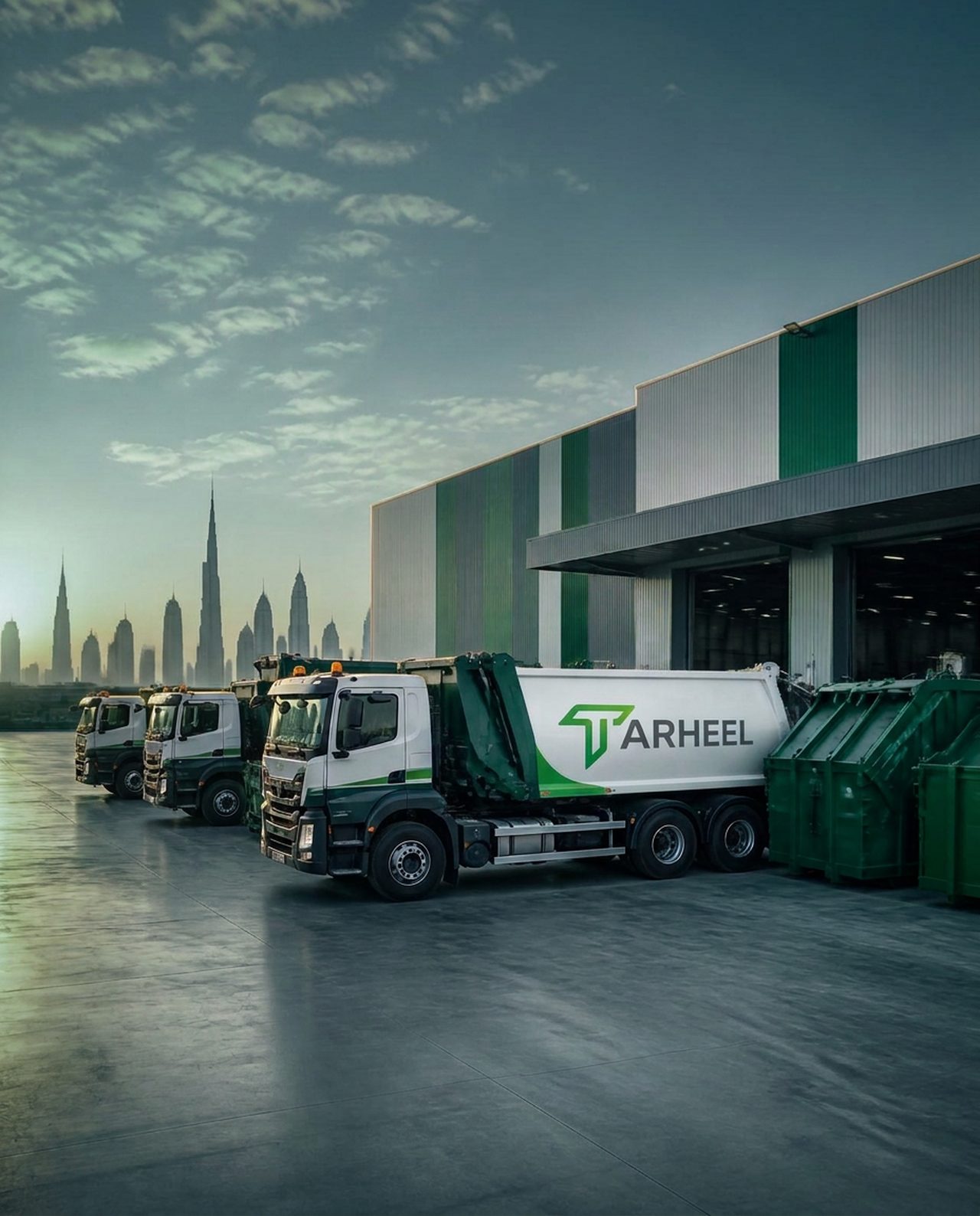 Tarheel-branded industrial waste collection trucks lined up at a UAE waste management facility.