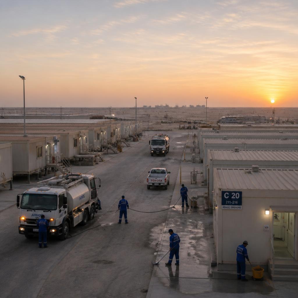 Remote industrial workers camp with service trucks and crews at dawn